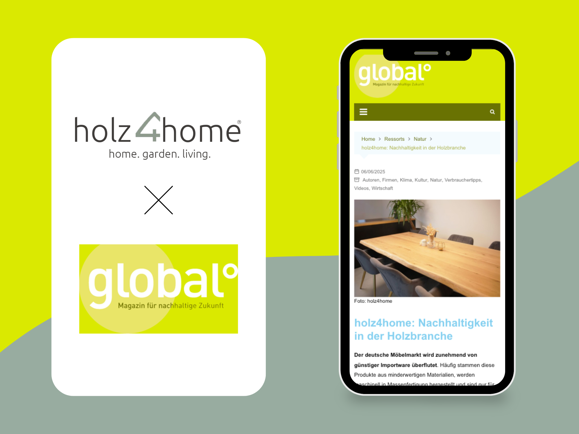Grafik zur Zusammenarbeit von holz4home und global° zum Thema Nachhaltigkeit in der Holzbranche
