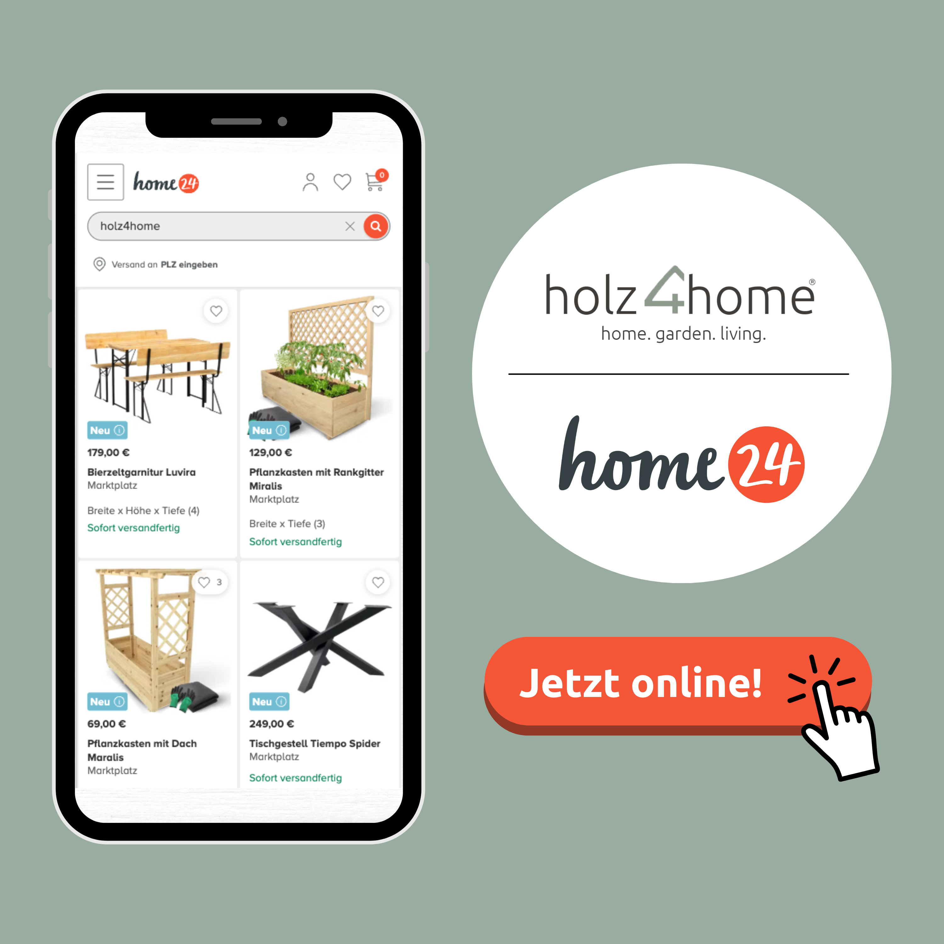 Grafik zur Kooperation von holz4home und home24 mit Produkten auf einem Smartphone, jetzt online