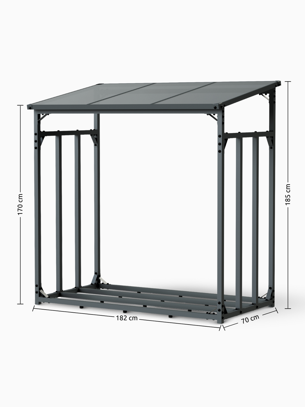 Maßzeichnung des Kaminholzunterstands aus Metall mit 182 cm Breite, 70 cm Tiefe und 185 cm Höhe