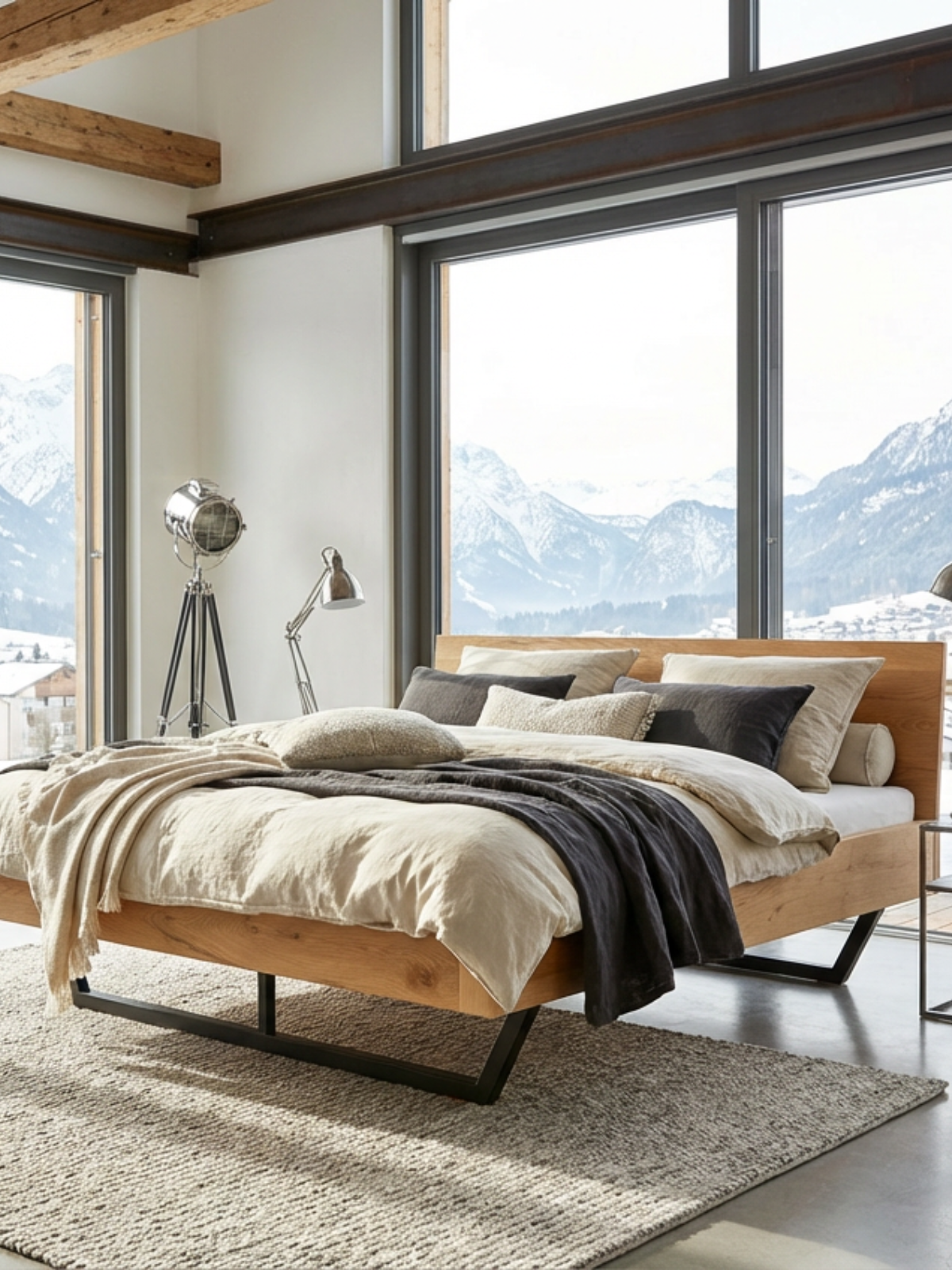 Massivholzbett aus Eiche mit schwarzem Metallgestell in einem alpinen Schlafzimmer mit Bergblick