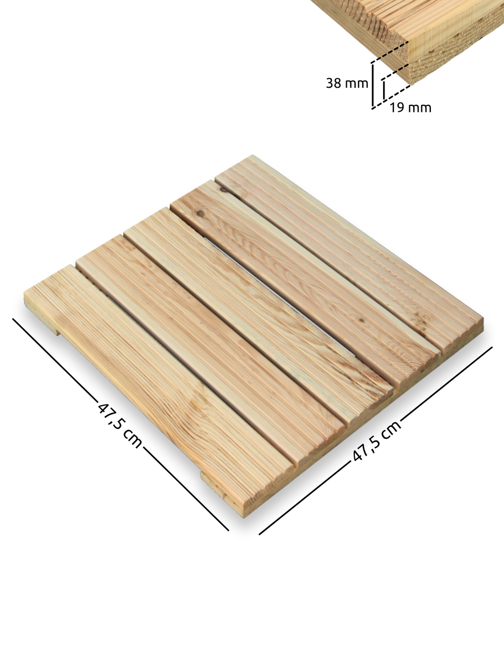 Maßzeichnung der Terrassenfliese aus Kiefernholz mit 47,5 x 47,5 cm und 38 mm Höhe der Latten