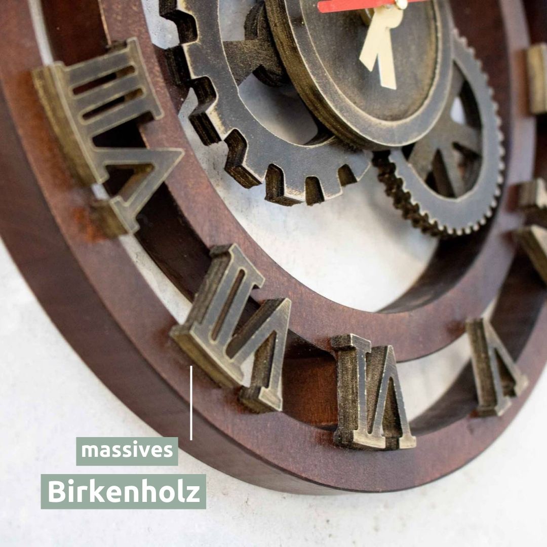Wanduhr „Zahnrad“ aus Birkenholz