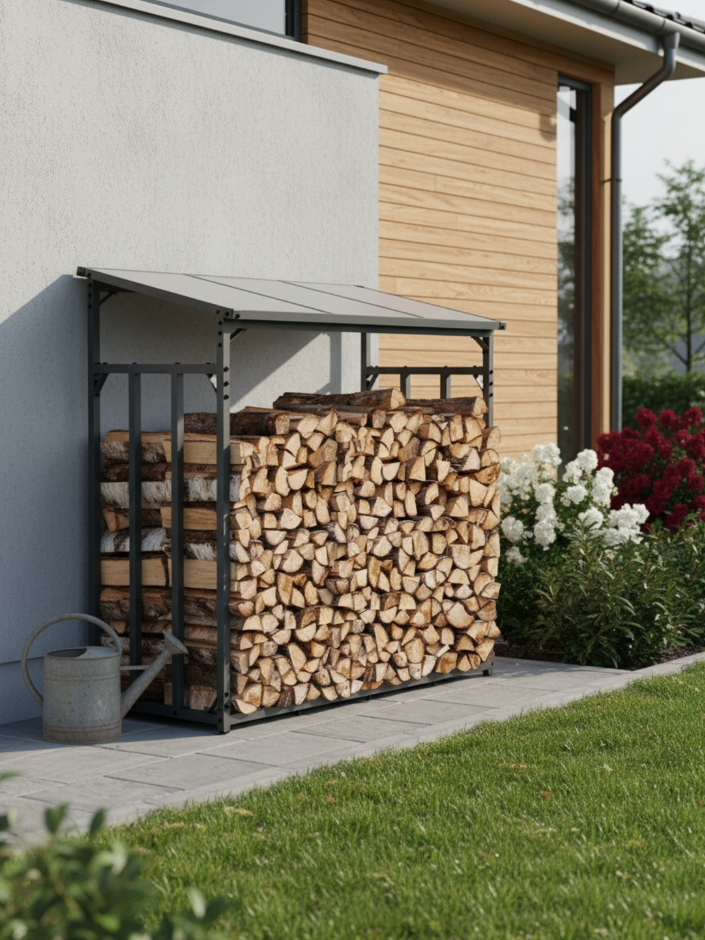 Kaminholzunterstand aus anthrazitfarbenem Metall mit Brennholz an einer Hauswand neben einem Blumenbeet