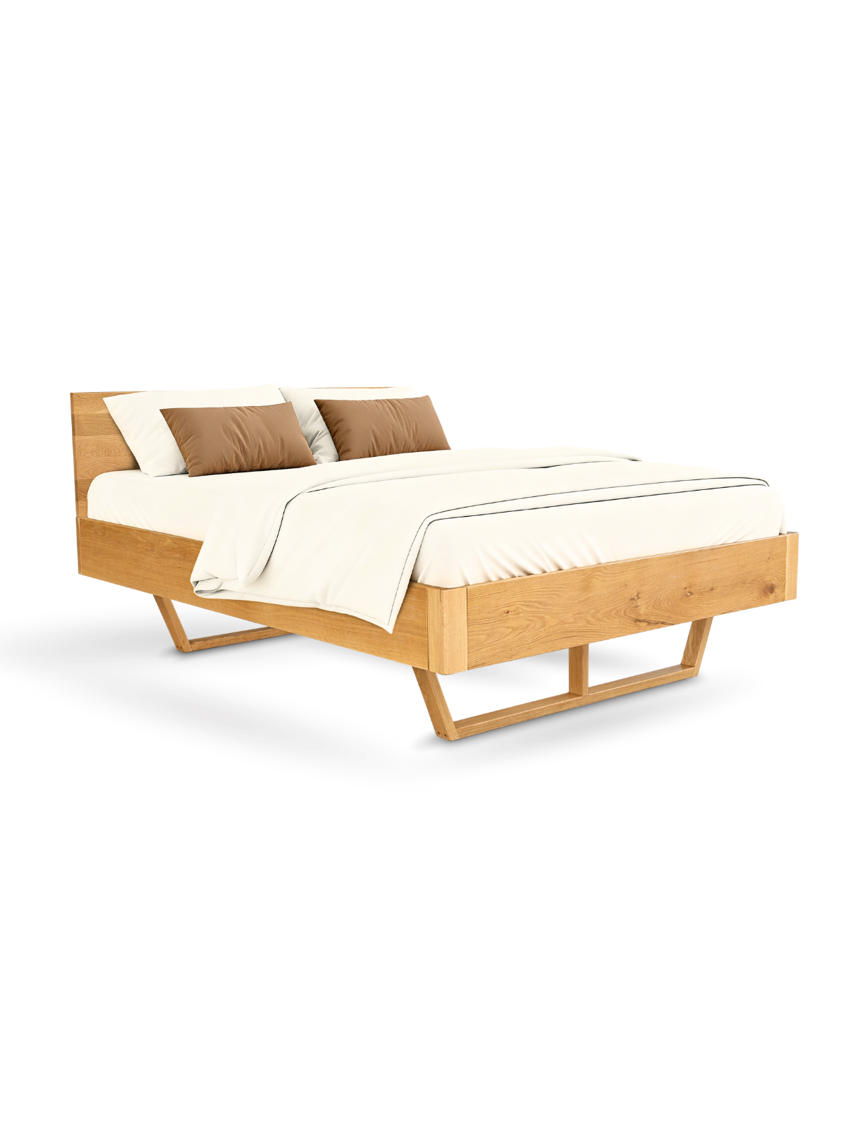 Massivholzbett aus Eiche mit Kopfteil und Holz-Kufenbeinen als Einzelbett, bezogen mit heller Bettwäsche