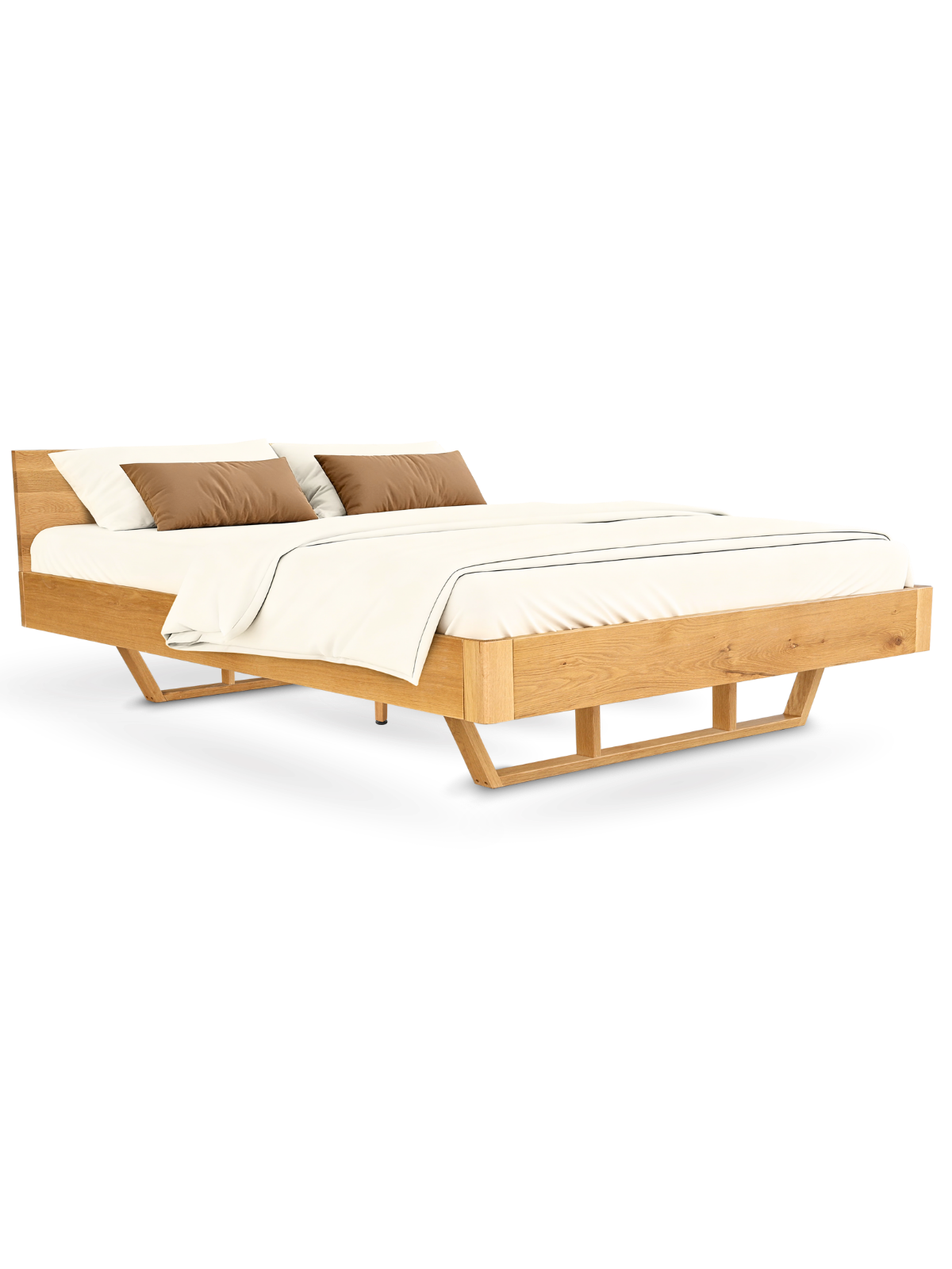 Massivholzbett aus Eiche mit Kopfteil und Kufenbeinen als Doppelbett, bezogen mit heller Bettwäsche