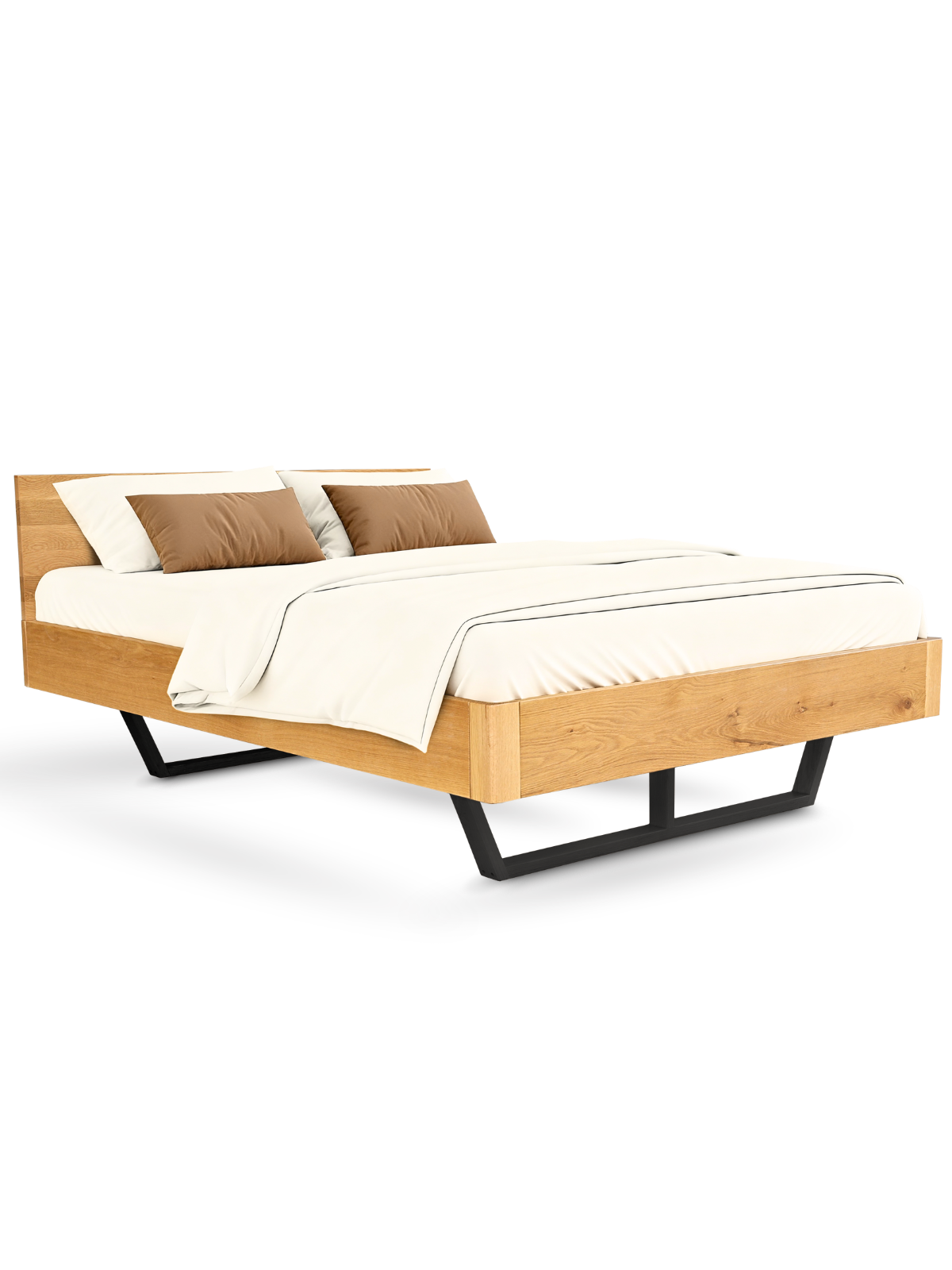 Massivholzbett aus Eiche mit schwarzen Metall-Kufenbeinen als Doppelbett, bezogen mit heller Bettwäsche