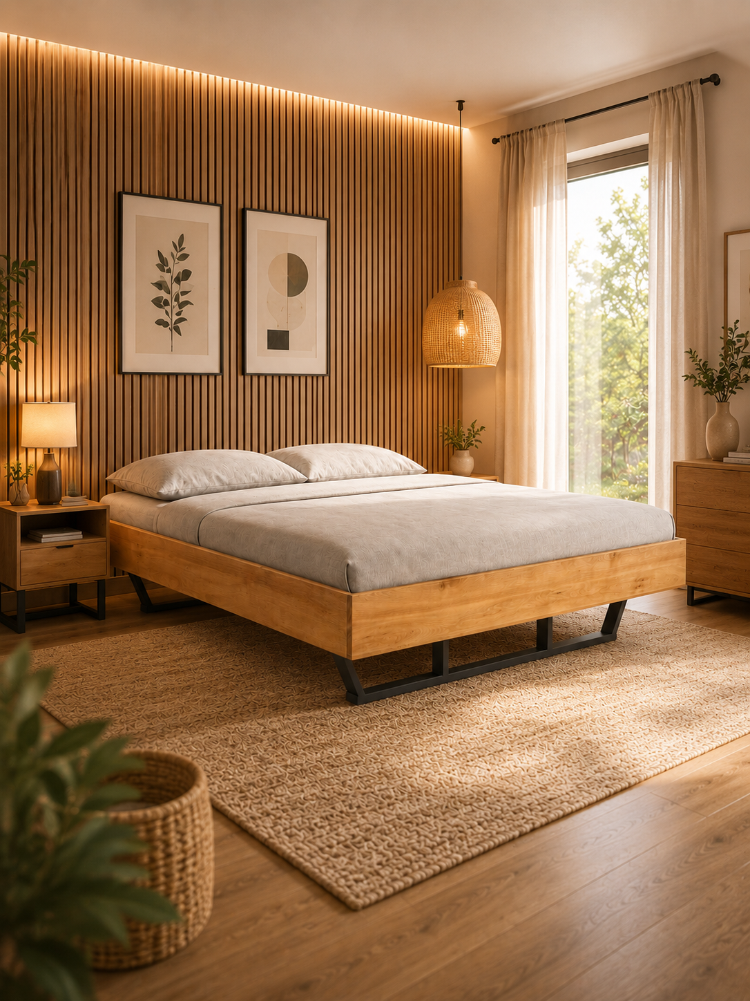 Massivholzbett Metall Light aus Eiche als großes Doppelbett vor einer Holzlattenwand mit Leselampe