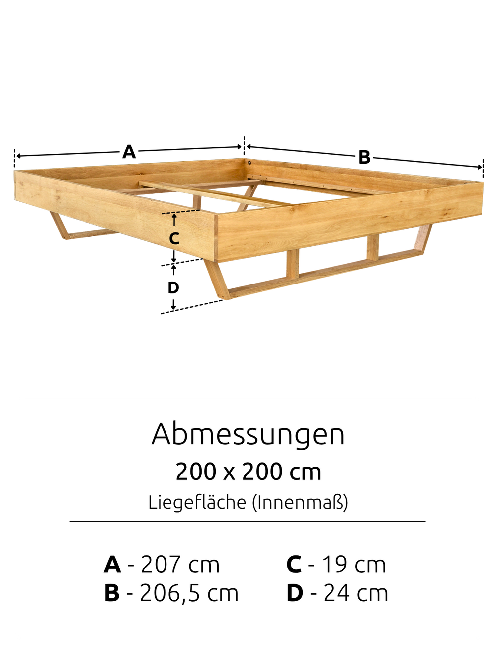 Massivholzbett ohne Kopfteil 200x200cm