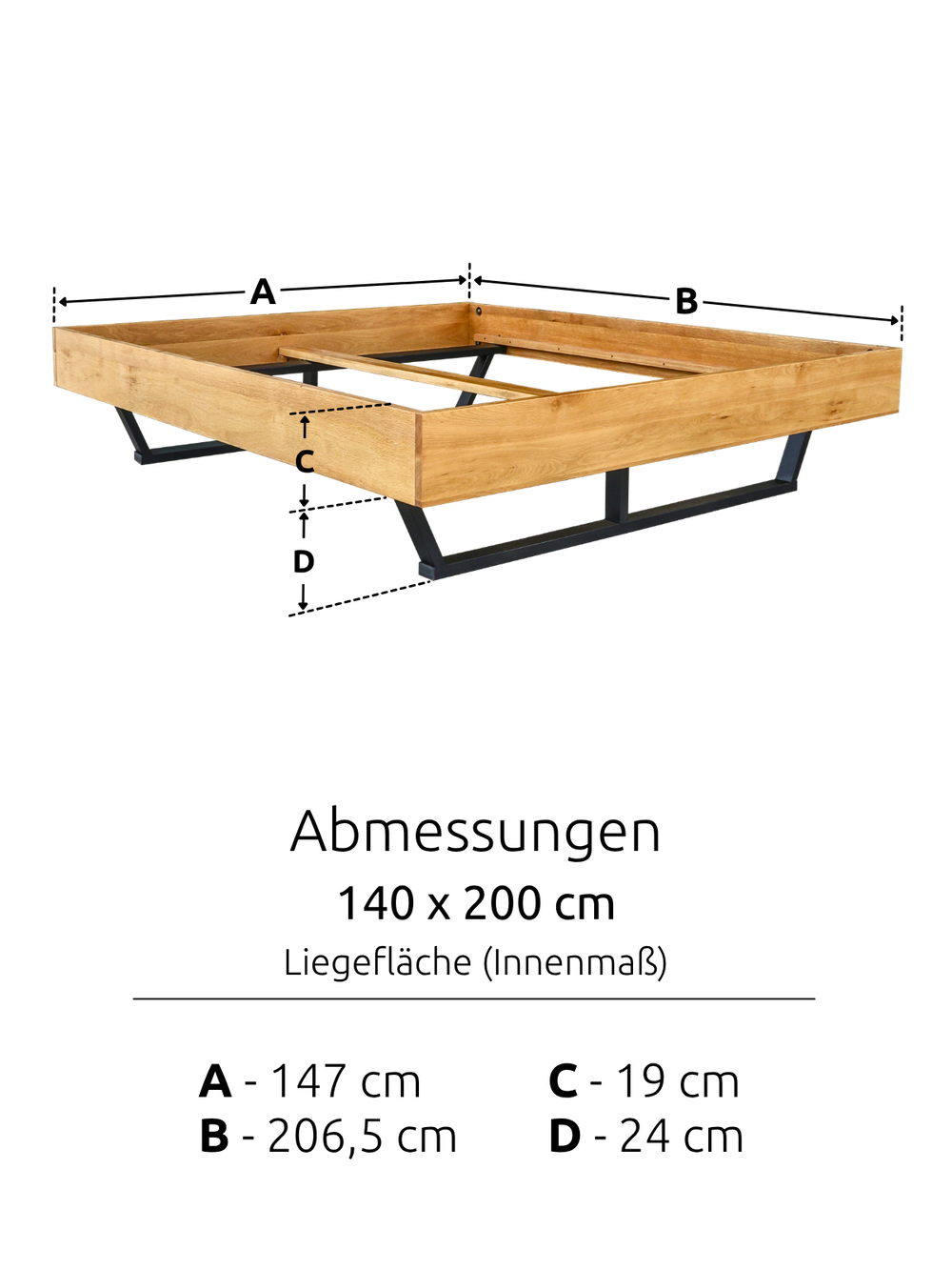 Massivholzbett Metall ohne Kopfteil 140x200cm