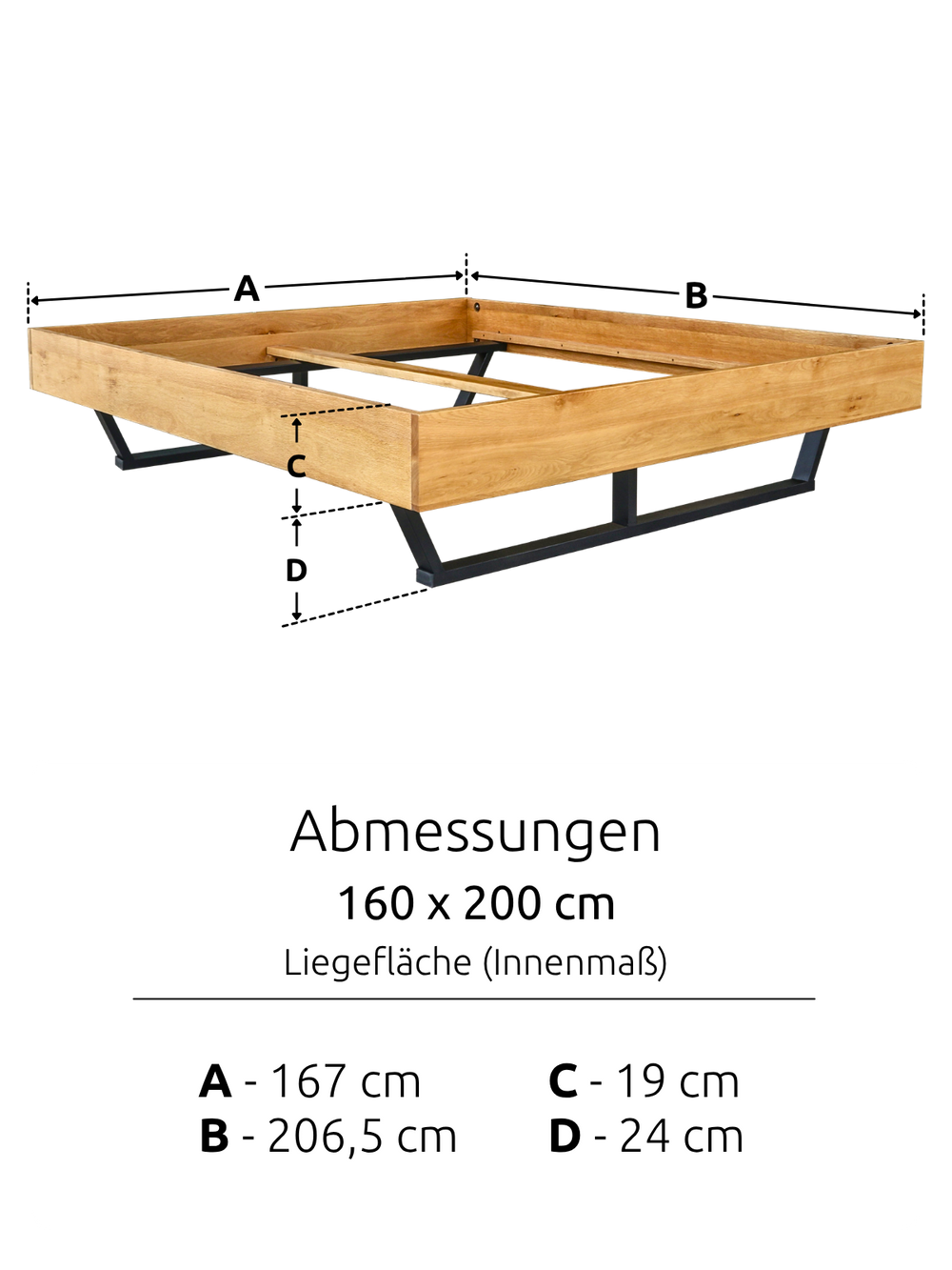 Massivholzbett Metall ohne Kopfteil 160x200cm
