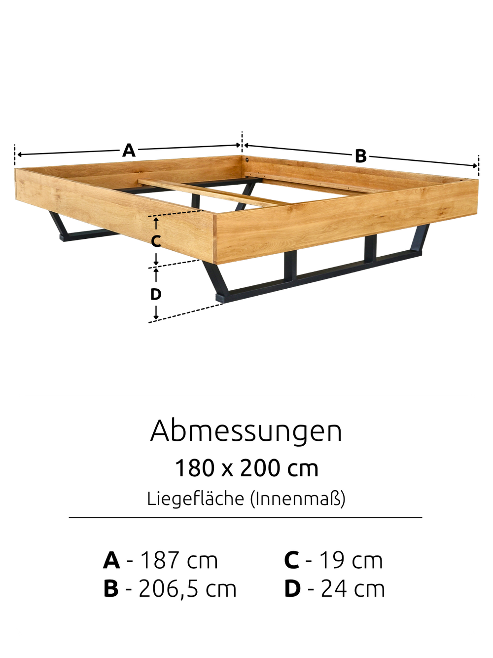 Massivholzbett Metall ohne Kopfteil 180x200cm