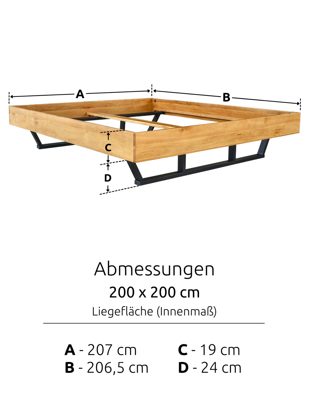 Massivholzbett Metall ohne Kopfteil 200x200cm
