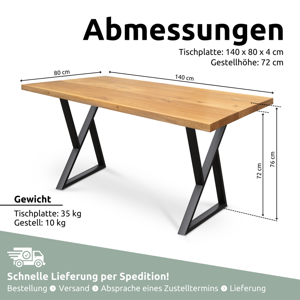 Kleiner Massivholztisch ohne Baumkante 140cm  x 80cm Doppel-Dreieck Gestell