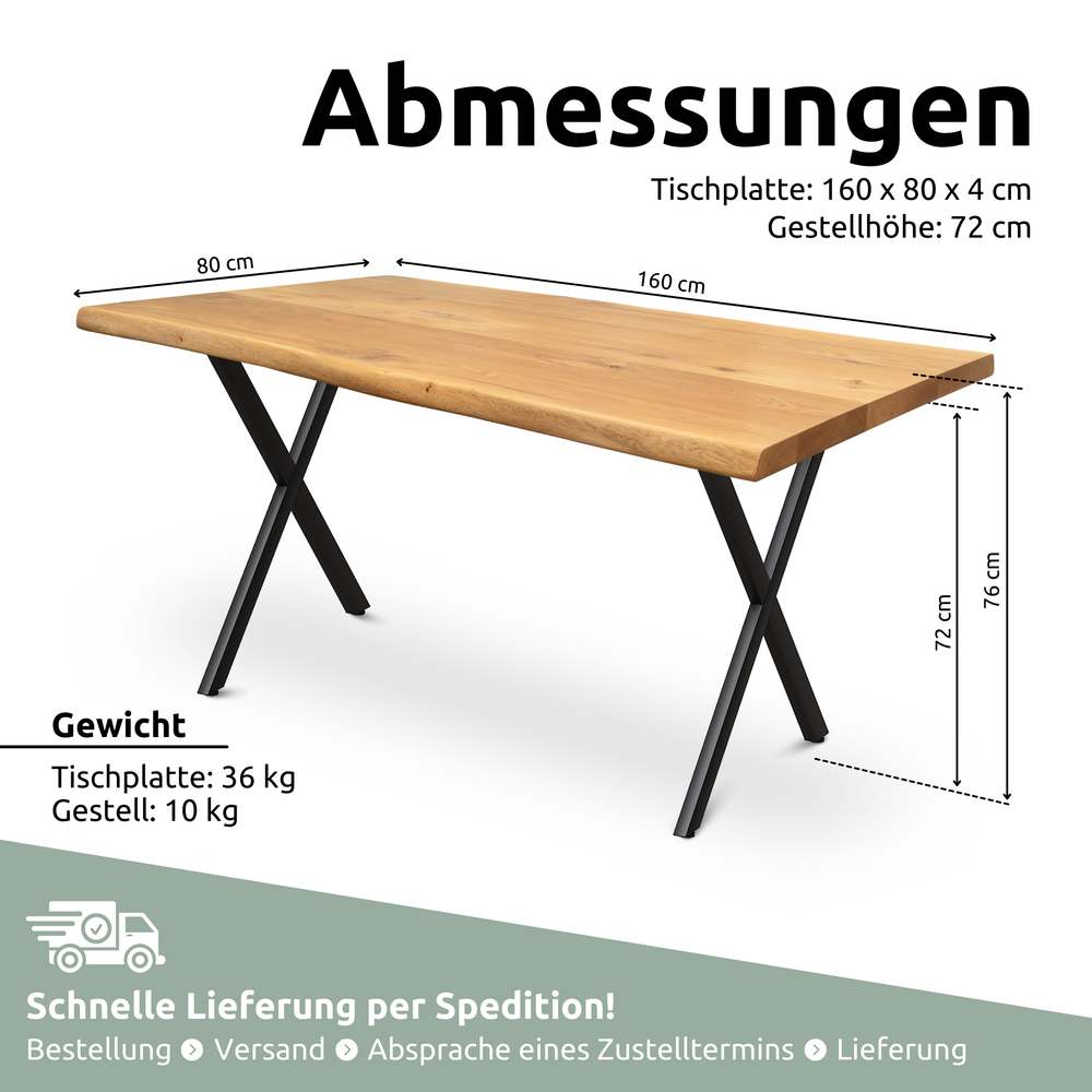 Kleiner Massivholztisch mit Baumkante 160cm  x 80cm X-Struktur Gestell