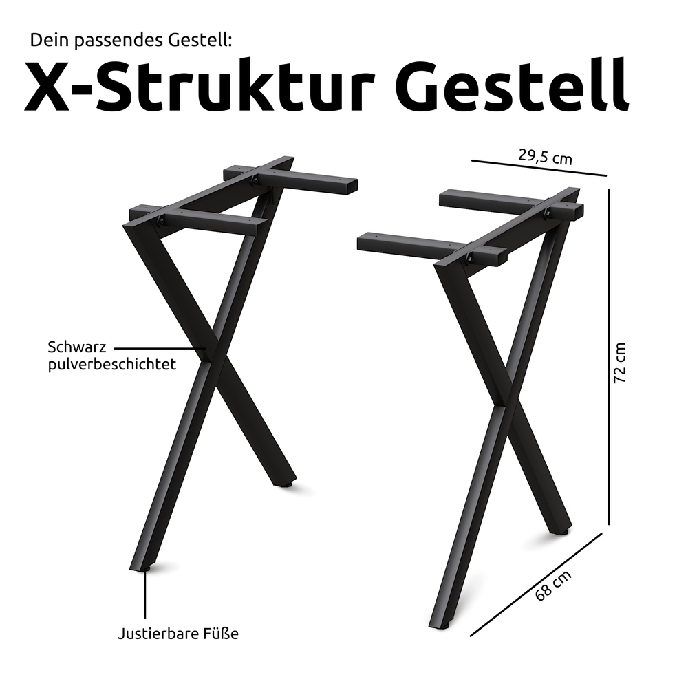 Kleiner Massivholztisch mit Baumkante 140cm  x 80cm X-Struktur Gestell