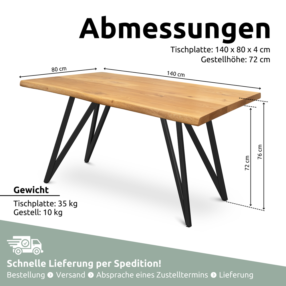 Kleiner Massivholztisch mit Baumkante 140cm  x 80cm Dreieck Gestell