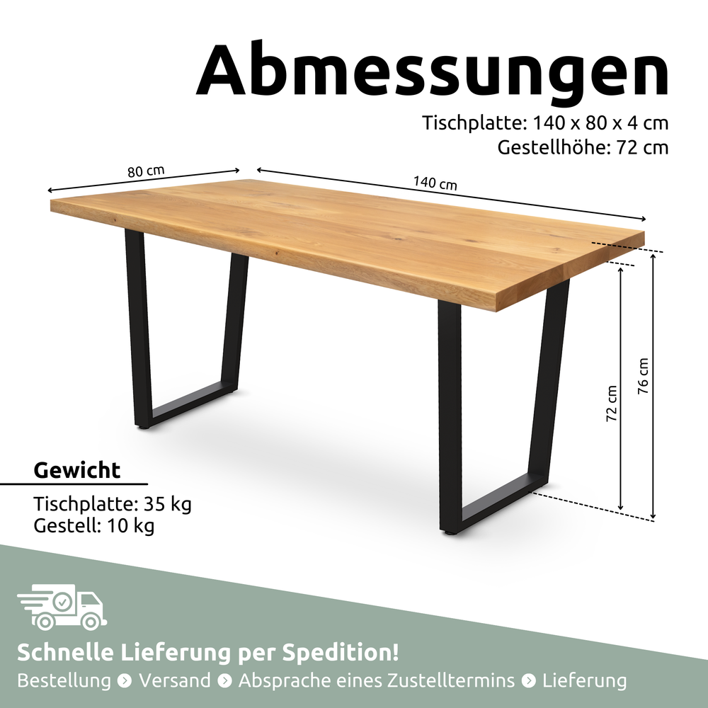 Kleiner Massivholztisch ohne Baumkante 140cm  x 80cm Trapez Gestell