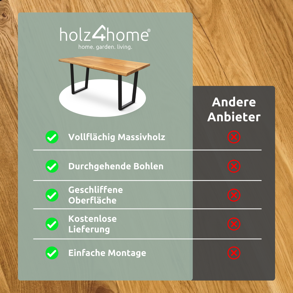 Kleiner Massivholztisch mit Baumkante 140cm  x 80cm Trapez Gestell