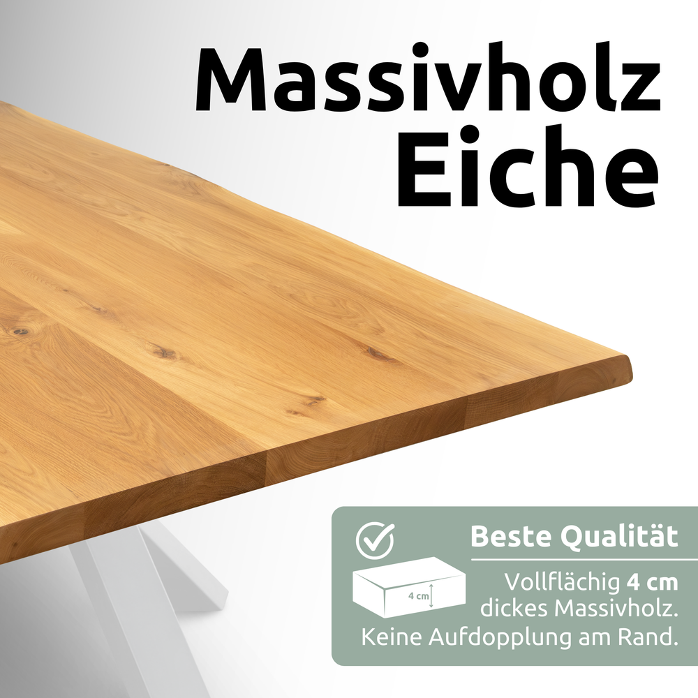 Kleiner Massivholztisch mit Baumkante 140cm  x 80cm Trapez Gestell