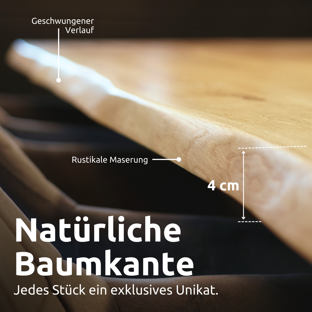 Kleiner Massivholztisch mit Baumkante 140cm  x 80cm Trapez Gestell